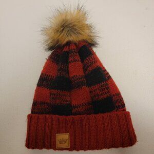 Womens Winter Hat Fleece Lined with Pom Pom Red Black Plaid
